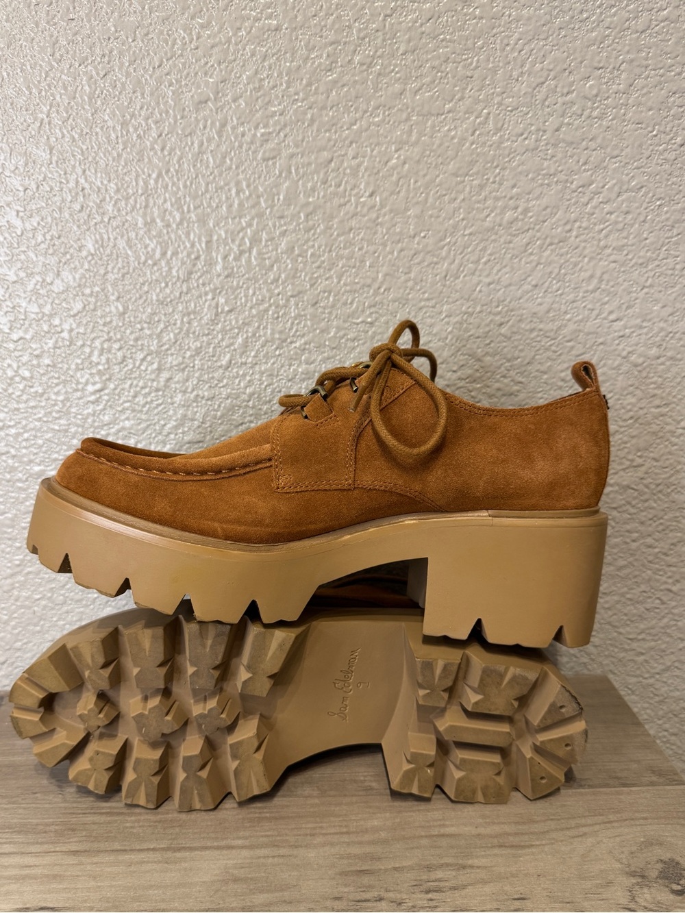 Sam Edelman Monna Cognac Suede Lug Sole Platform Oxford Shoes Size 9 - Picture 7 of 8